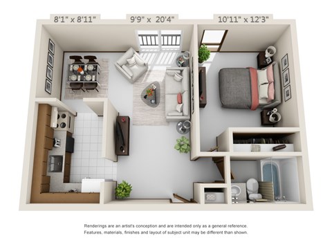 Floor plan for 1 bed, 1 bath, 790 sqft